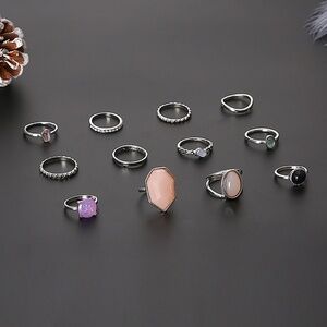 *SEONA* 12-Pc Silver x Gem Fashion Ring Set